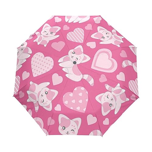 Cartoon Pink Katze Kätzchen Regenschirm Taschenschirm Kinder Jungen Mädchen UV-Schutz Auf-Zu Automatik Umbrella Verstärkt Winddichte Zusammenklappbar von Vnurnrn