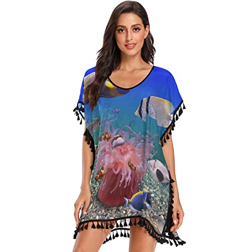 Fisch Unterwasserwelt Ozean Damen Strandkleid Bikini Cover Up Sommer Chiffon Bademode Strand Vertuschen Shirt von Vnurnrn