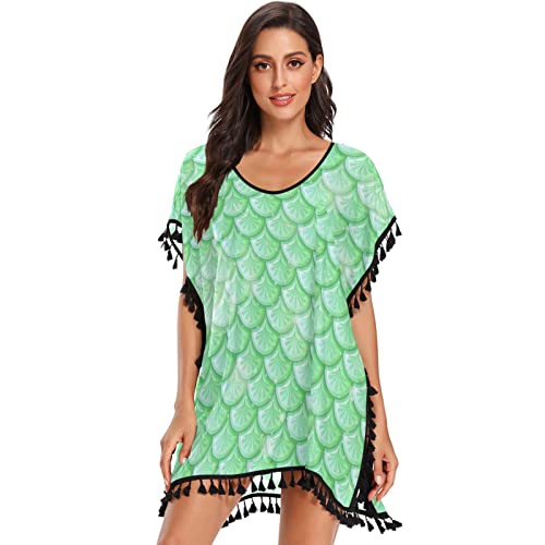 Fischschuppen Grüne Meerjungfrau Damen Strandkleid Bikini Cover Up Sommer Chiffon Bademode Strand Vertuschen Shirt von Vnurnrn