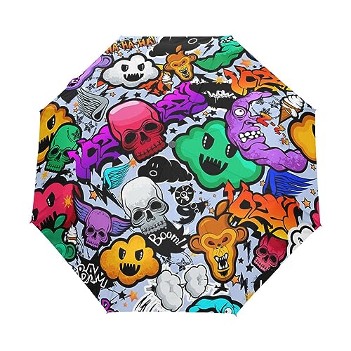 Gespenst Halloween Cartoon Regenschirm Taschenschirm Kinder Jungen Mädchen UV-Schutz Auf-Zu Automatik Umbrella Verstärkt Winddichte Zusammenklappbar von Vnurnrn