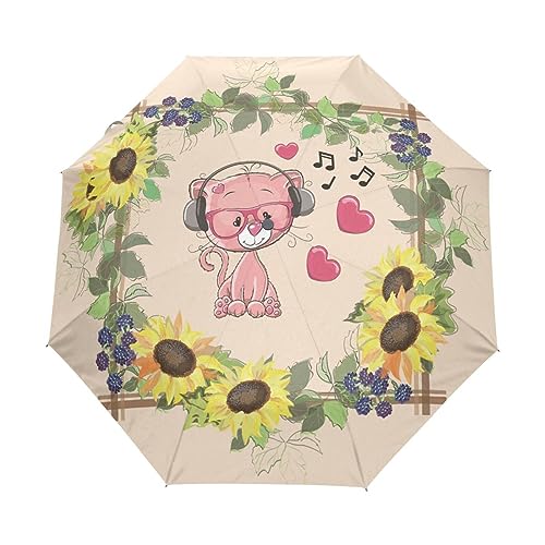 Kätzchen Katze Sonnenblumen Regenschirm Taschenschirm Kinder Jungen Mädchen UV-Schutz Auf-Zu Automatik Umbrella Verstärkt Winddichte Zusammenklappbar von Vnurnrn