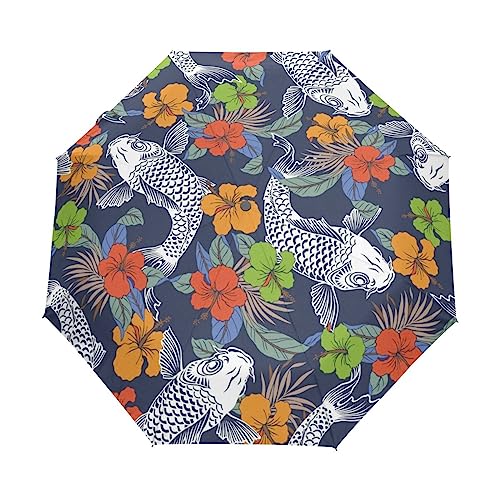 Kunst Fisch-BlumenblumenRegenschirm Taschenschirm Kinder Jungen Mädchen UV-Schutz Auf-Zu Automatik Umbrella Verstärkt Winddichte Zusammenklappbar von Vnurnrn