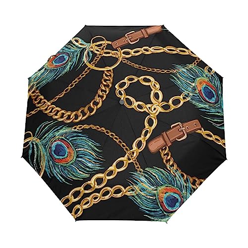 Kunst Pfau Federn Goldene Kette Regenschirm Taschenschirm Kinder Jungen Mädchen UV-Schutz Auf-Zu Automatik Umbrella Verstärkt Winddichte Zusammenklappbar von Vnurnrn