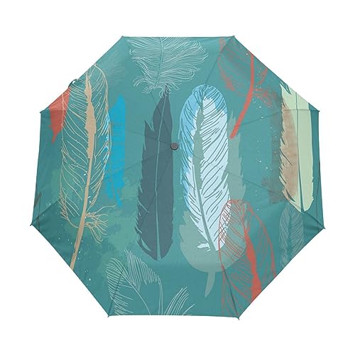 Kunst Retro Geschenke Federn Regenschirm Taschenschirm Kinder Jungen Mädchen UV-Schutz Auf-Zu Automatik Umbrella Verstärkt Winddichte Zusammenklappbar von Vnurnrn