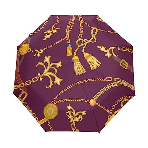 Kunst Retro Goldkette Böhmen Regenschirm Taschenschirm Kinder Jungen Mädchen UV-Schutz Auf-Zu Automatik Umbrella Verstärkt Winddichte Zusammenklappbar von Vnurnrn