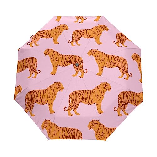 Kunst Süß Tiger Druck Regenschirm Taschenschirm Kinder Jungen Mädchen UV-Schutz Auf-Zu Automatik Umbrella Verstärkt Winddichte Zusammenklappbar von Vnurnrn