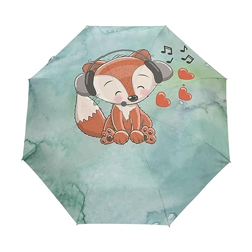 Kunst Tiere Fuchs Grün Regenschirm Taschenschirm Kinder Jungen Mädchen UV-Schutz Auf-Zu Automatik Umbrella Verstärkt Winddichte Zusammenklappbar von Vnurnrn