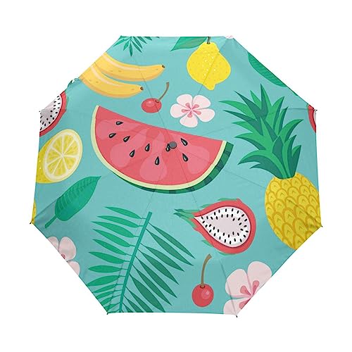 Kunst Wassermelone Ananas Früchte Regenschirm Taschenschirm Kinder Jungen Mädchen UV-Schutz Auf-Zu Automatik Umbrella Verstärkt Winddichte Zusammenklappbar von Vnurnrn