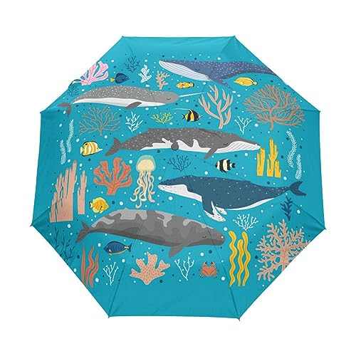 Meeresblauer Wal Hai Regenschirm Taschenschirm Kinder Jungen Mädchen UV-Schutz Auf-Zu Automatik Umbrella Verstärkt Winddichte Zusammenklappbar von Vnurnrn