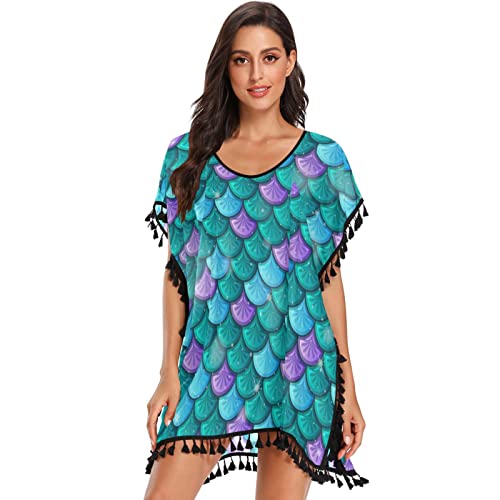 Meerjungfrau Fischschuppen Floral Damen Strandkleid Bikini Cover Up Sommer Chiffon Bademode Strand Vertuschen Shirt von Vnurnrn
