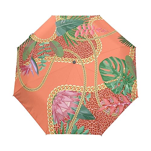 Orange Palmblätter Goldene Kette Regenschirm Taschenschirm Kinder Jungen Mädchen UV-Schutz Auf-Zu Automatik Umbrella Verstärkt Winddichte Zusammenklappbar von Vnurnrn