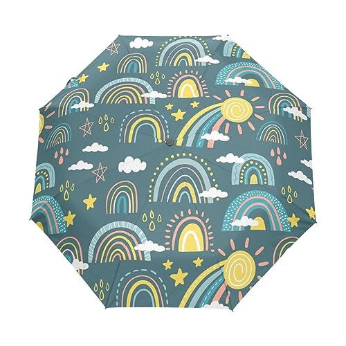 Regenbogen Cartoon Wolken Sonne Regenschirm Taschenschirm Kinder Jungen Mädchen UV-Schutz Auf-Zu Automatik Umbrella Verstärkt Winddichte Zusammenklappbar von Vnurnrn