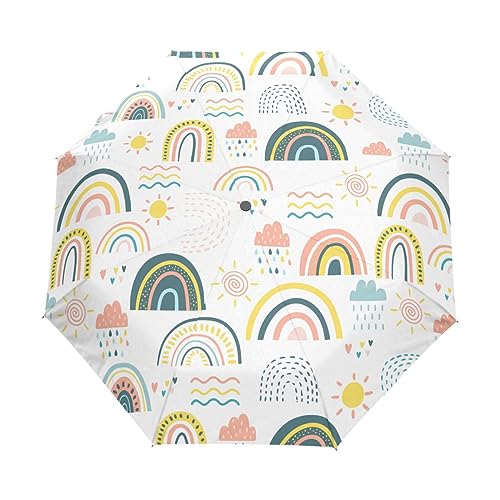 Regenbogen Wolken Weißes Muster Regenschirm Taschenschirm Kinder Jungen Mädchen UV-Schutz Auf-Zu Automatik Umbrella Verstärkt Winddichte Zusammenklappbar von Vnurnrn