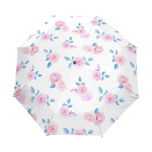 Rosenblüten Pflanzen Regenschirm Taschenschirm Kinder Jungen Mädchen UV-Schutz Auf-Zu Automatik Umbrella Verstärkt Winddichte Zusammenklappbar von Vnurnrn