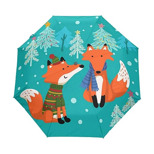 Schnee-Fuchs Weihnachten Regenschirm Taschenschirm Kinder Jungen Mädchen UV-Schutz Auf-Zu Automatik Umbrella Verstärkt Winddichte Zusammenklappbar von Vnurnrn