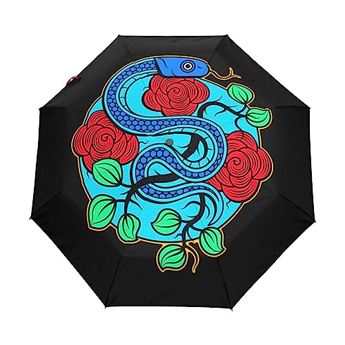 Süße Cartoon Rose Schlange Regenschirm Taschenschirm Kinder Jungen Mädchen UV-Schutz Auf-Zu Automatik Umbrella Verstärkt Winddichte Zusammenklappbar von Vnurnrn