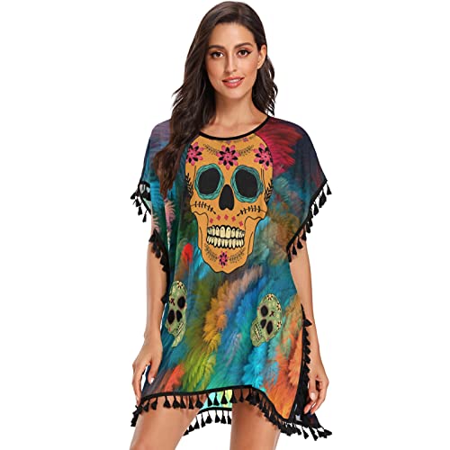 Süße Totenkopfblume Damen Strandkleid Bikini Cover Up Sommer Chiffon Bademode Strand Vertuschen Shirt von Vnurnrn