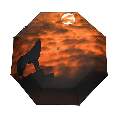 Süße Wasserfarbe Wolf Mond Regenschirm Taschenschirm Kinder Jungen Mädchen UV-Schutz Auf-Zu Automatik Umbrella Verstärkt Winddichte Zusammenklappbar von Vnurnrn