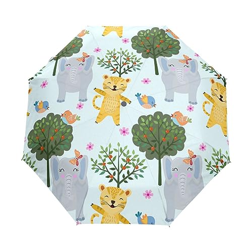 Tiger Elefant Tier Cartoon Regenschirm Taschenschirm Kinder Jungen Mädchen UV-Schutz Auf-Zu Automatik Umbrella Verstärkt Winddichte Zusammenklappbar von Vnurnrn