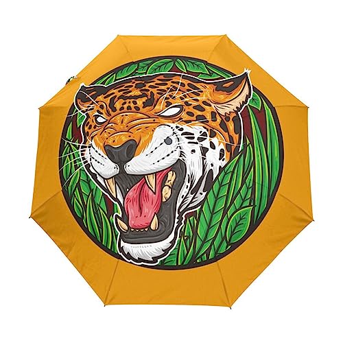 Tiger Tiere Grüne Pflanzen Regenschirm Taschenschirm Kinder Jungen Mädchen UV-Schutz Auf-Zu Automatik Umbrella Verstärkt Winddichte Zusammenklappbar von Vnurnrn