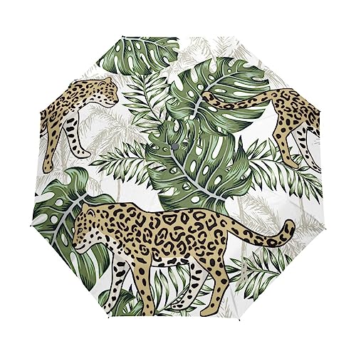Tropische Leoparden Palmblätter Regenschirm Taschenschirm Kinder Jungen Mädchen UV-Schutz Auf-Zu Automatik Umbrella Verstärkt Winddichte Zusammenklappbar von Vnurnrn