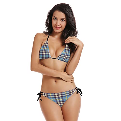 Vnurnrn Blau Karierter Tartan Kariert Gedruckt Damen Bikini Set Triangel Rückenfrei Bikinioberteil Verstellbarer Bademode Zweiteiliger Badeanzug für Frauen von Vnurnrn