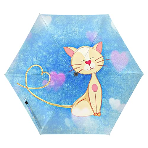 Vnurnrn Katze Mit Blauem Herz Auf-Zu Automatik Schirme Regenschirm Taschenschirm Kompakt UV-Schutz Reise Schirm für Jungen Mädchen Strand Frauen von Vnurnrn