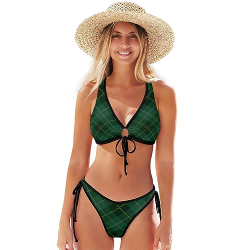 Vnurnrn Tartan Vertikale Grüne Kunst Damen Bikini Set Zweiteilige Badeanzug Sexy Badebekleidung für Frauen Mädchen von Vnurnrn