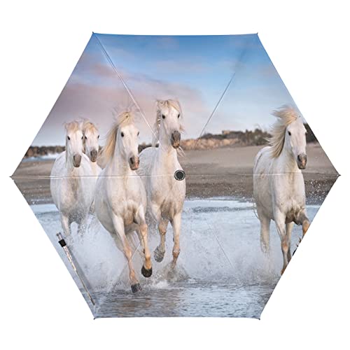 Vnurnrn Weiße Laufpferde Auf-Zu Automatik Schirme Regenschirm Taschenschirm Kompakt UV-Schutz Reise Schirm für Jungen Mädchen Strand Frauen von Vnurnrn