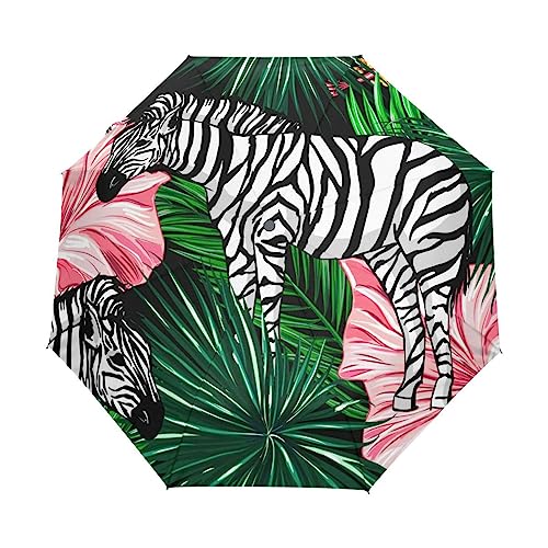 Zebras Palmblätter Blumen Regenschirm Taschenschirm Kinder Jungen Mädchen UV-Schutz Auf-Zu Automatik Umbrella Verstärkt Winddichte Zusammenklappbar von Vnurnrn