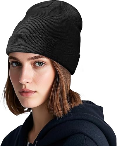 Voarge 1 Stück Beanie Mütze Stretchy Bündchen, Unisex Winter Warm Halten Windschutz Strickmützen Weich Elastisch Fleece für Männer und Frauen, Schwarz von Voarge