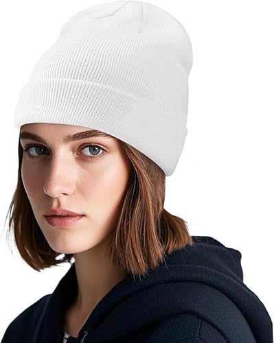 Voarge 1 Stück Beanie Mütze Stretchy Bündchen, Unisex Winter Warm Halten Windschutz Strickmützen Weich Elastisch Fleece für Männer und Frauen, Weiß von Voarge