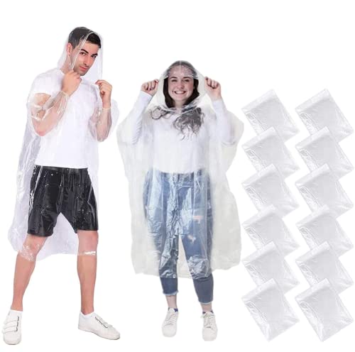 Voarge 12 Packungen Einweg-Poncho, Regencape, Notfall-Ponchos für Damen, Herren und Kinder - Transparent, Einweg und Wasserdicht für Festival, Konzert, Camping, Fahrrad, Wandern von Voarge