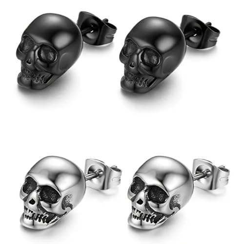 Voarge 2 Paar Halloween Karneval Totenkopf Piercing Ohr Herren Ohrringe Schädel Ohrstecker Edelstahl Hip Hop Punk Jazz Ohr Schmuck Punk Edelstahl Ohrstecker Totenkopf Ohrringe Rock von Voarge