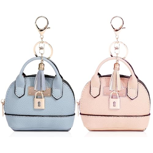 Voarge 2 Stück Mini Schlüsselanhänger Tasche Kosmetiktasche für Frauen PU Leder Rucksack Schlüsselanhänger Autoschlüssel Tasche Lippenstift Tasche Kartenhalter Daten Kabel Organizer Zipper Rosa + Blau von Voarge