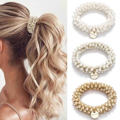 Voarge 3 Stück Perlen-Haargummis, Strass, Pferdeschwanz-Halter, Perlen, elastische Haarbänder, Haarschmuck für Damen und Mädchen von Voarge