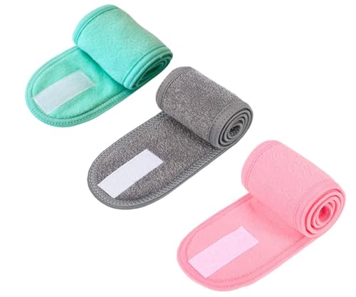 Voarge 3-teiliges Make-up-Stirnband, verstellbares Make-up-Stirnband, Sportkopfwickel-Frottee-Stretchhandtuch mit magischem Klebeband zum Waschen des Gesichts (Grün, grau, rosa) von Voarge