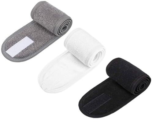 Voarge 3-teiliges Make-up-Stirnband, verstellbares Make-up-Stirnband, Sportkopfwickel-Frottee-Stretchhandtuch mit magischem Klebeband zum Waschen des Gesichts (schwarz, weiß und grau) von Voarge