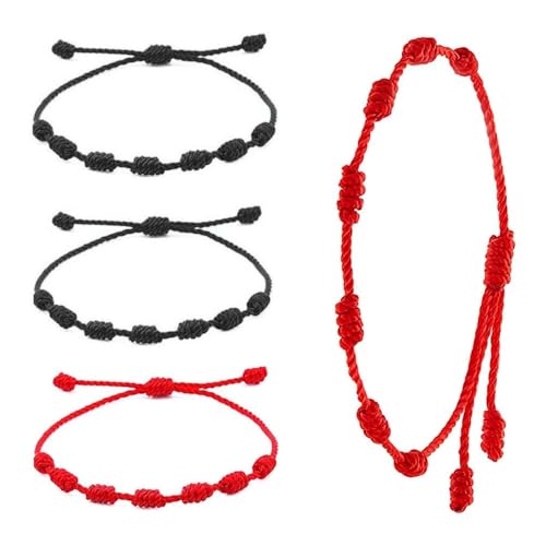 Voarge 4 Stück Armband aus rotem Faden mit 7 Knoten, verstellbar, Glücksknoten-Armband, handgefertigt, für Damen und Herren, Freundschaft, 16-30 cm, Baumwolle von Voarge