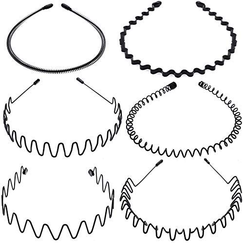 Voarge 6 Pcs Metall Haarband Schwarz Spring Wave Haarband Multi-Style Unisex Flexible Stirnband Zubehör Schwarz für Männer Frauen von Voarge