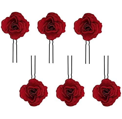 Voarge 6 Stück Rose Blume Haarnadel, Haarspangen Damen, Braut Haarschmuck Aufstecken Brosche Hochzeit, Uförmige Haar Essstäbchen, für Braut Brautjungfer von Voarge