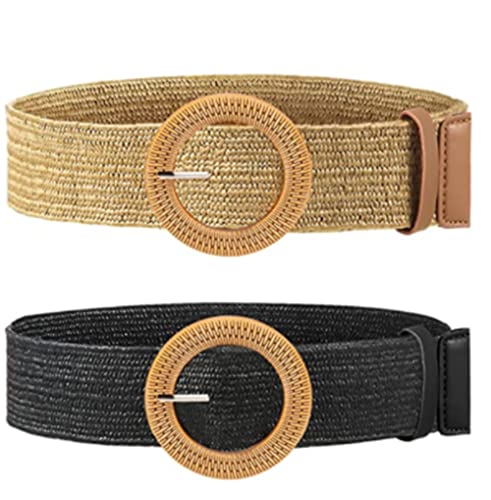 Voarge Cinturones de Mujer, Paquete de 2 correas elásticas tejidas con pajita para mujer, cinturón de vestir flaco con hebilla de madera para vestido von Voarge