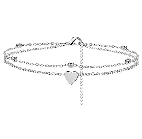 Voarge Double Fußkettchen Silver Herz Knöchel Armbänder Layered Beads Fußkette, Zweireihige Fusskette mit Herz Anhänger, Verstellbares Fusskettchen für Frauen von Voarge