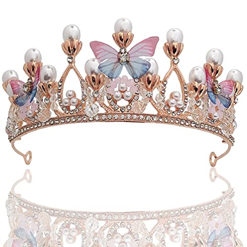 Voarge Kristall Tiara für Mädchen damen, Prinzessin Krone Stirnband, Schmetterling Blume Perle Strass Königin Krone, für Hochzeit, Braut, Brautjungfer, Abschlussball, Königliche Kopfbedeckung von Voarge