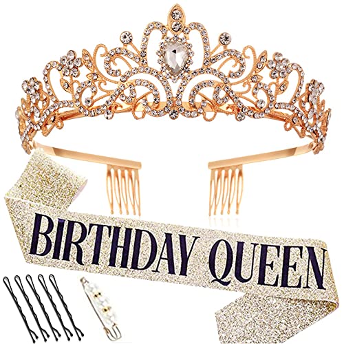 Voarge Kronenkristall Tiara Geburtstagskrone Schärpe, Crown Frauen Mädchen Geburtstag Tiara für Geburtstag Geschenk Party Zubehör und Party Dekorationen (gold) von Voarge