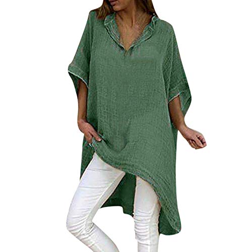 Voberry Longbluse Damen Langarm Leinen Blusenshirt Elegante Blusen GroßE GrößEn Longshirt Oversize Vintage Hemdbluse V-Ausschnitt Langarmshirt Tunika Bluse Sweatshirt Festliche Oberteile, Grün, 3XL von Voberry