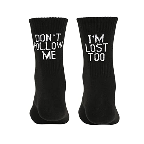 Voberry Lustige weiße Socken „Don't Follow Me I'm Lost Too“ Unisex Socken Casual Baumwolle Rippstrick Half Crew Socken Neuheit Geschenke für Damen Herren, Schwarz, Einheitsgröße von Voberry