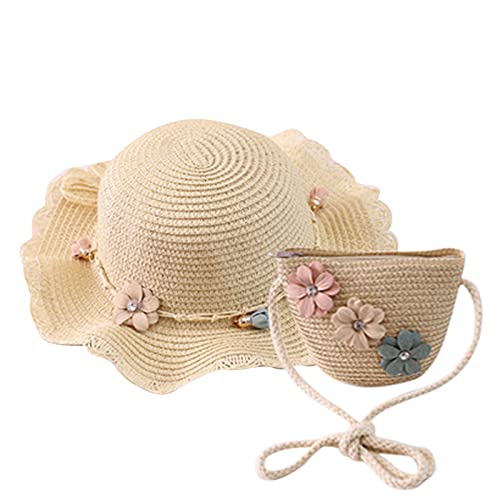 Voberry Sonnenhut & Tasche set für Kinder Mädchen Sonnenhüte Strand Kappe Cap Strohhut Wide Brim Strohhut Sommerhut mit Woven Tasche Breiter Krempe Sonnenschutz 2-8 Jahre, Beige, Einheitsgröße von Voberry