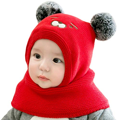 Vobozeany Baby schlupfmütze Warm Niedlich Bär Wintermütze Schalmütze Strickmütze mit Bommel Fleecefutter Beanie Mütze von Vobozeany