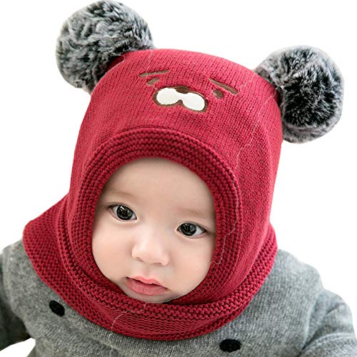 Vobozeany Baby schlupfmütze Warm Niedlich Bär Wintermütze Schalmütze Strickmütze mit Bommel Fleecefutter Beanie Mütze von Vobozeany